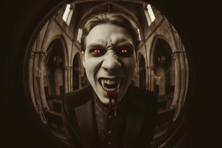 A face turning into a red-eyed vampire