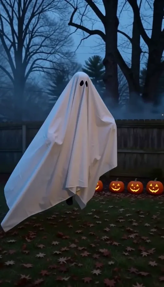 A sheet ghost drifting across a backyard of glowing pumpkins