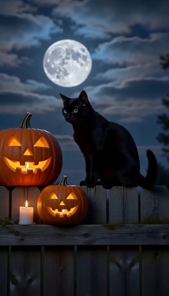 A black cat on a fence beside carved pumpkins