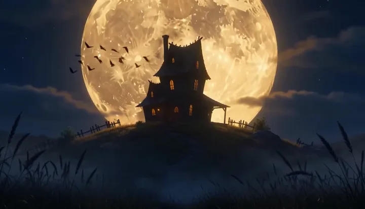 A crooked haunted house under a full moon