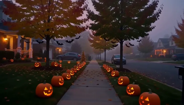 A foggy street lined with jack-o'-lanterns as bats fly in